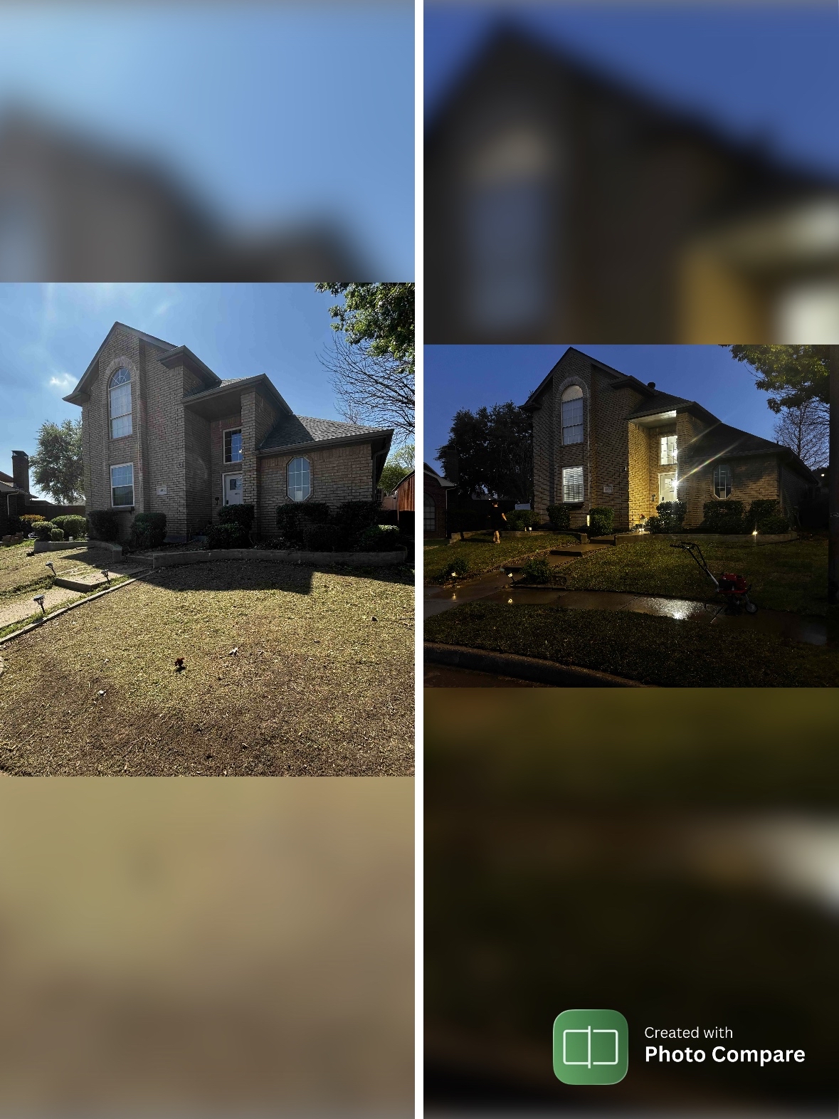R&R before-and-after collage: a Plano front yard transformed with new sod and mulch beds