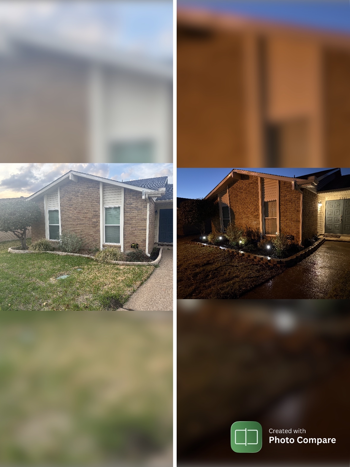 R&R before-and-after collage: a Richardson front-yard makeover with new turf and defined beds