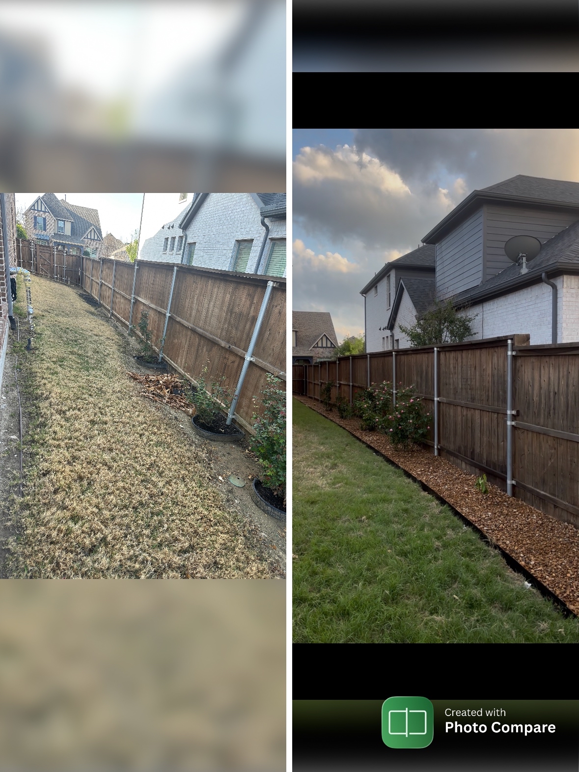 R&R before-and-after collage: a Frisco bed redesign with new plants, borders and fresh mulch