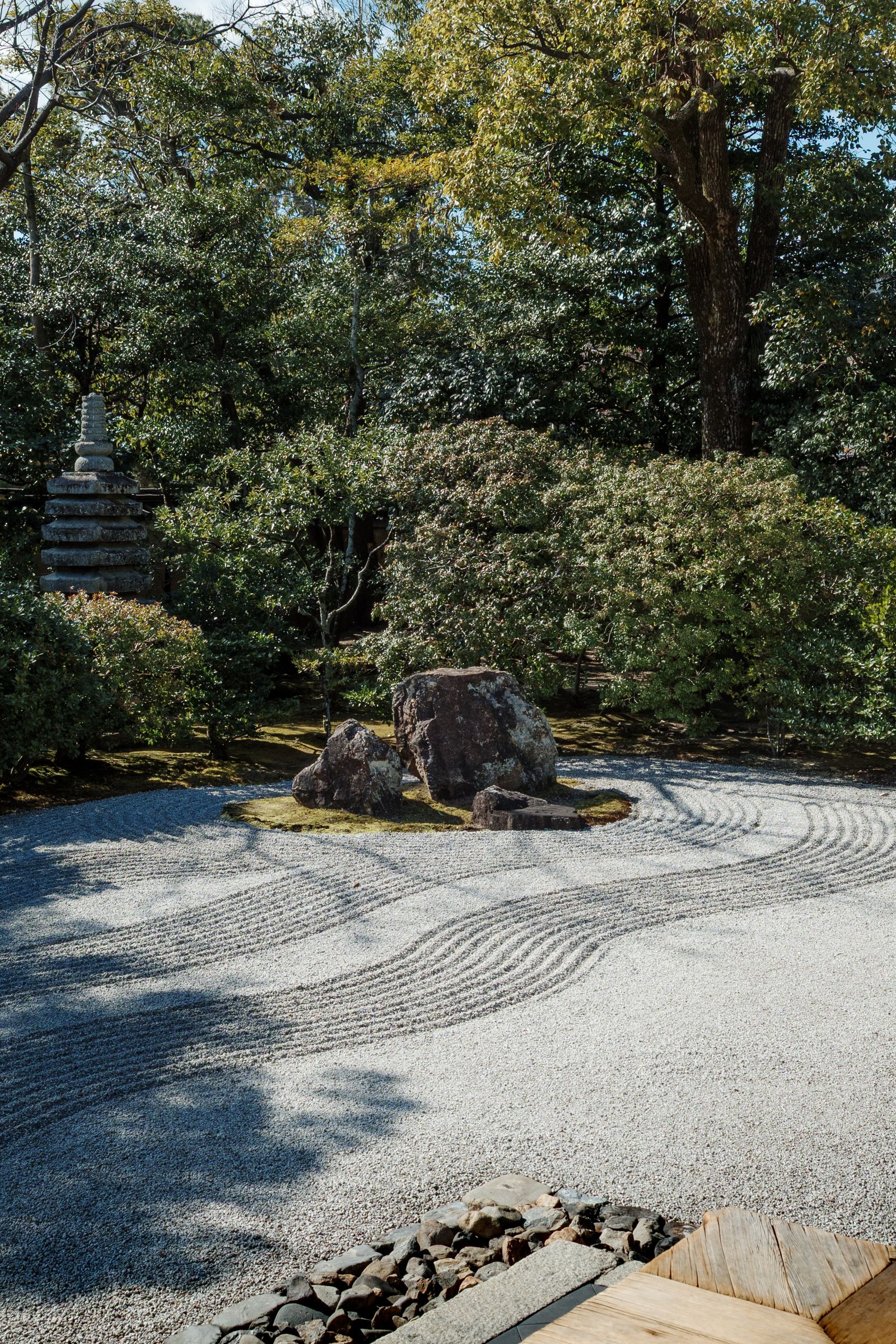 Calm Zen garden with raked gravel and structured greenery